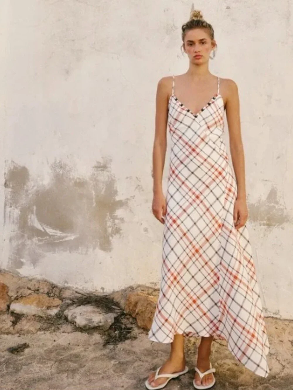 Zara 100% Linen Plaid Slip Strappy Casual Coastal  Maxi Dress with Beaded V-Neck